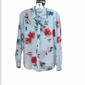 LOFT button front floral blouse w/roll-tab sleeves